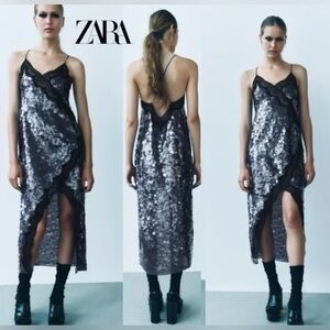Zara ZW Collection Sequin Sequinned Lace Midi Dress Size M new with tags!
